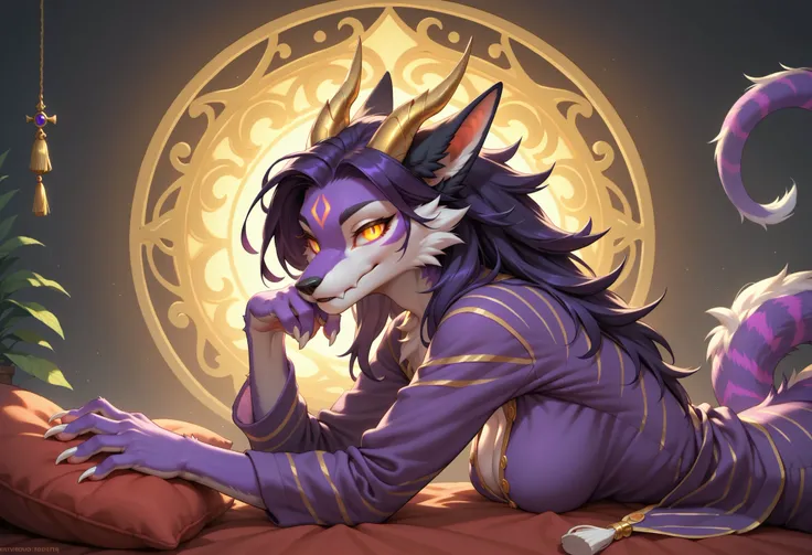 alone, score_9,score_8_up,score_7_up, anthro, female, Eothos, looking at viewer, fluffy fur, furred dragon, golden mark on forehead, front half of body black with golden stripes, black long black ears, long straight golden horns, golden glowing eyes withou...