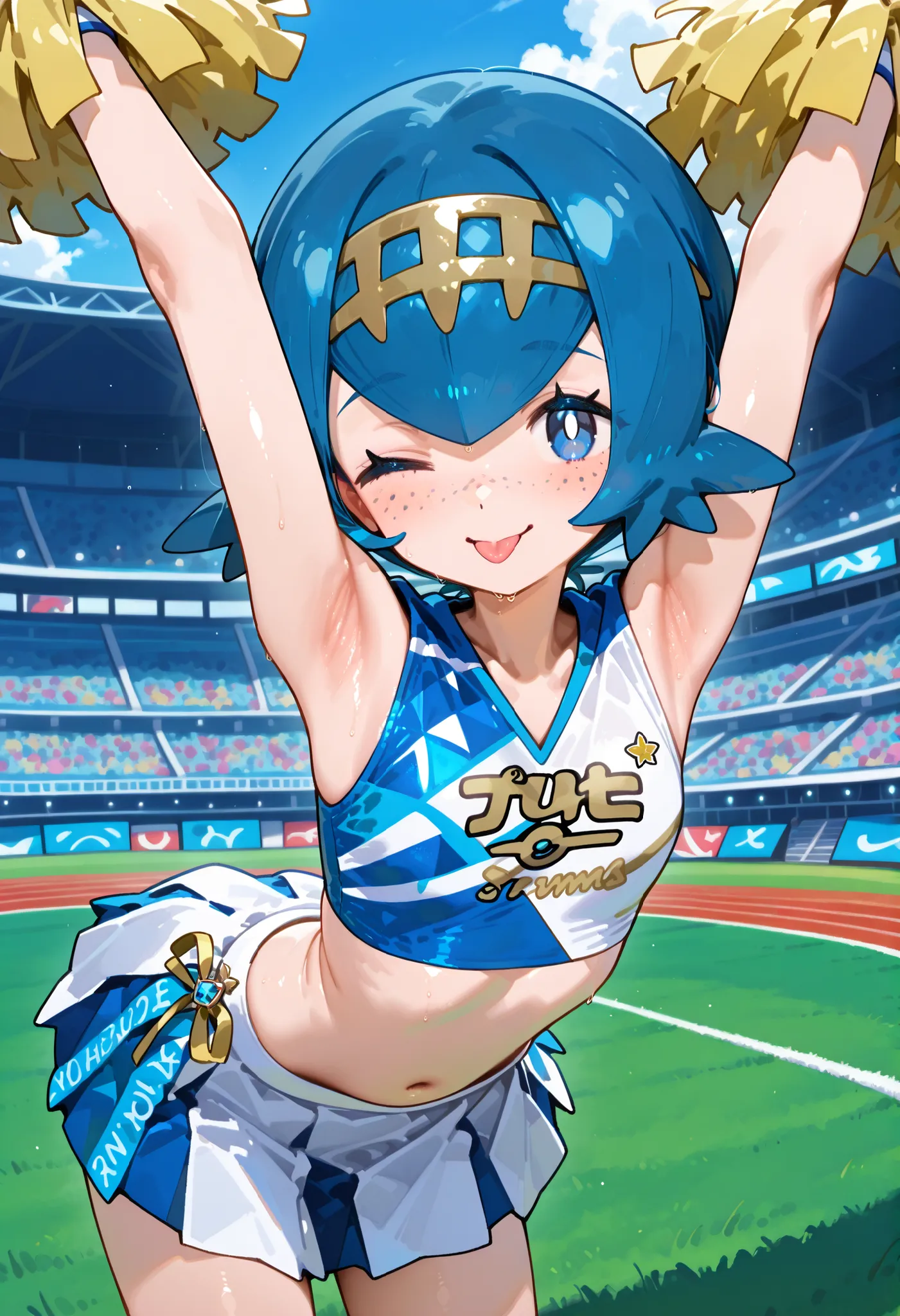 <pokemon-lana>, blue hair, freckles, hairband,  white pupils,  bright pupils、Stadium、cheerleader clothes、skirt。yellow PomPom。Smile Yan。closed mouth。tongue、Close One Eye、stretch your arms、skirt、Small Body