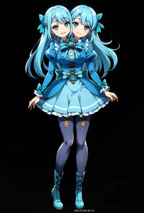((best quality), (high quality), (detailed), (masterpiece), good artist, 1girl, (2heads:1.5), ((long waist-length aqua blue hair:1.5)), ((long hair:1.5)),((frilly sky blue and cyan dress with a large waist ribbon)), (a lace-up bodice with a large chest bow...
