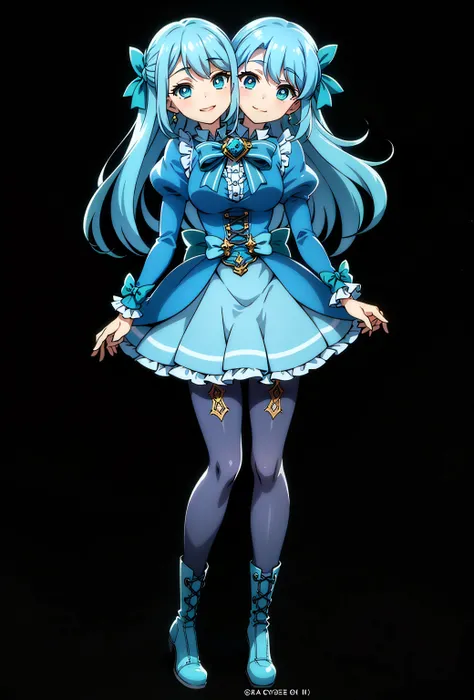 ((best quality), (high quality), (detailed), (masterpiece), good artist, 1girl, (2heads:1.5), ((long waist-length aqua blue hair:1.5)), ((long hair:1.5)),((frilly sky blue and cyan dress with a large waist ribbon)), (a lace-up bodice with a large chest bow...