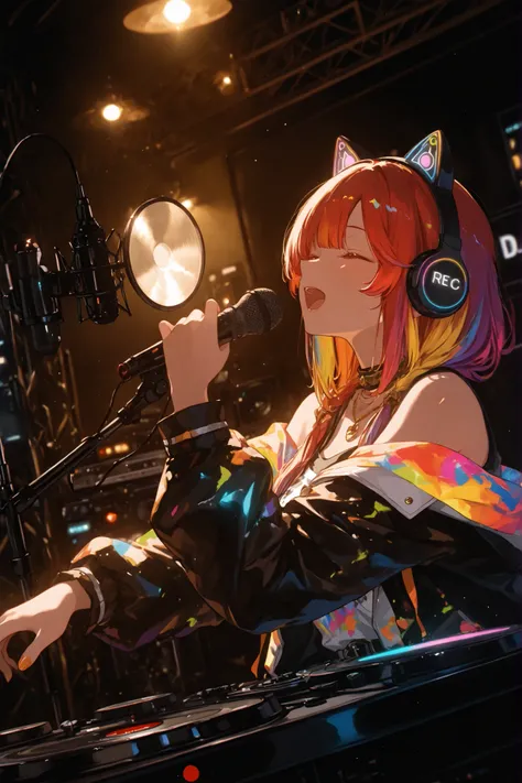 female DJ , wearing cat's ear headphone, singing with DJ playing the music, attractive motion, moving colorful studio lighting, recording studio background,