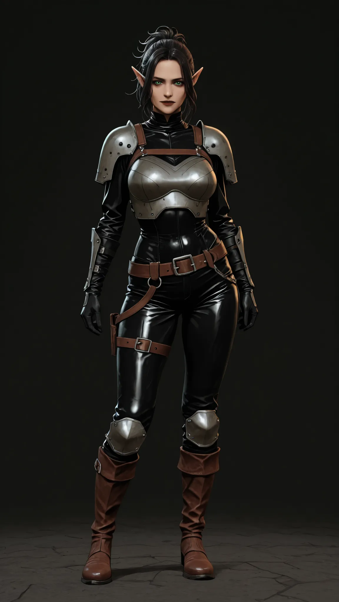 A character reference concept art in a realistic high contrast lighting with dark gothic atmosphere style in a frontale view full body shot standing in A-pose with simple dark background. The character is a female elf ranger, fit curvy body shape busty and...
