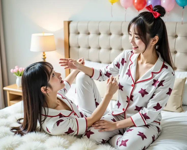 In a rental or hotel room、The backdrop is decorated with balloons and flowers。The airy, relaxed atmosphere. They are both wearing cute pajamas。The composition captures a moment of joy and companionship Matching red ribbons in their hair complement their ou...