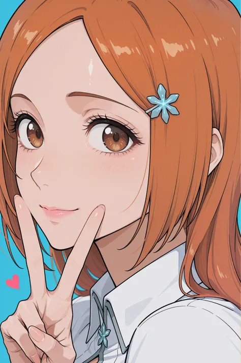 masterpiece, best quality, amazing quality, very aesthetic, absurdres, newest,highly detailed,highres,close-up portrait, female, woman, inoue orihime,hair clip,orange hair,long hair,brown eyes,fair skin,Shiny skin,pink lips,white collared shirt,simple back...