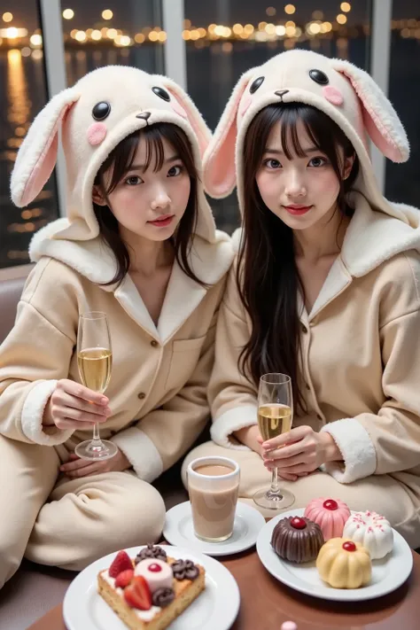 The two are seated close together,beige plush toy pajamas with comfortable hanging ears rabbit ear hood, dark hair flowing down from the hood, adds elegance to a playful outfit. on the table、enjoying a variety of sweet treats, enhancing the cozy and festiv...
