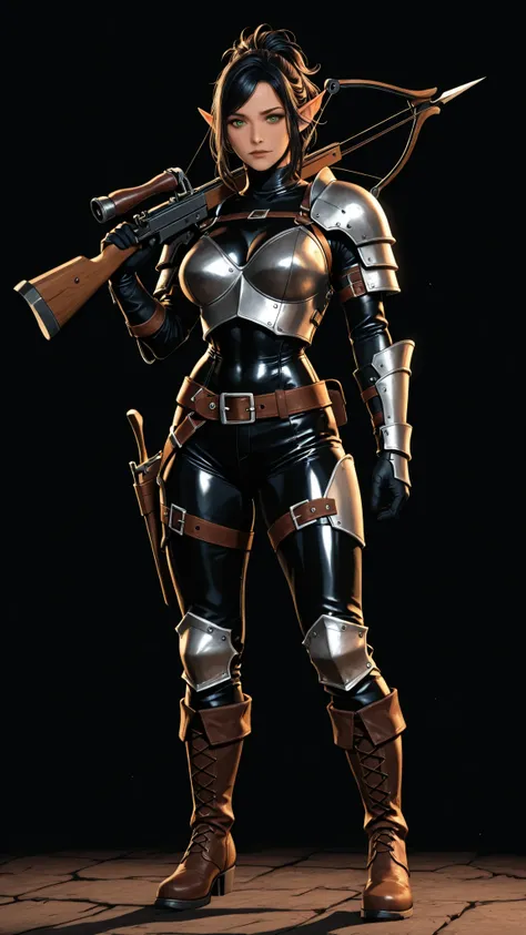 A character reference concept art in a realistic high contrast lighting with dark gothic atmosphere style in a frontale view full body shot standing in A-pose with simple dark background. The character is a female elf ranger, fit curvy body shape busty and...