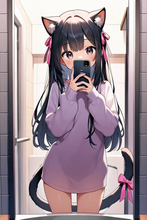 masterpiece, high quality, 1girl, teen, a cat girl is taking a bathroom selfie, ribbons on ears, ribbons on tail, long black hair