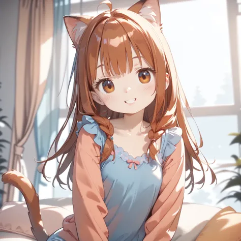 ((masterpiece, High Quality, high resolution, 8k, 4K)),Beautiful girl3人、Beautiful girl、Cat ears、cat tail、Little girl、flat chest、young limbs 、Pajamas、cute、bedroom、Play、Fun、Smile Yan、3 people shoulder-to-shoulder、Pajamasパーティー、3Good friends
