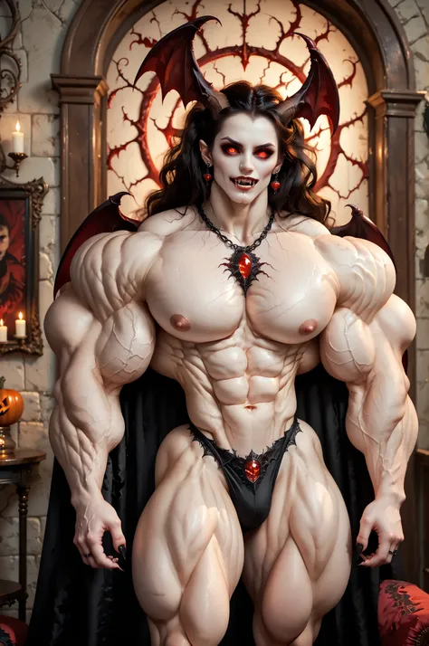 (full body shot:0.75), (beautiful demonic vampire girl face:1.75), hyper muscular bodybuilder vampire female,  hyper muscular pecs, micro thong, veiny muscles, veiny skin, veiny face, pale skin, fair skin, white skin, fibrous skin, burning crimson eyes, Bl...