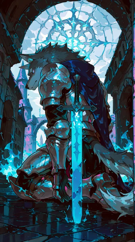 masterpiece, best quality, 8K resolution, HDR, 4K resolution, sharp focus, vibrant colors, anime cel-shading style: Semi-realistic anime with detailed furry features, A muscular gray wolf beastman knight (pink pupils) kneeling defiantly on the shattered ro...