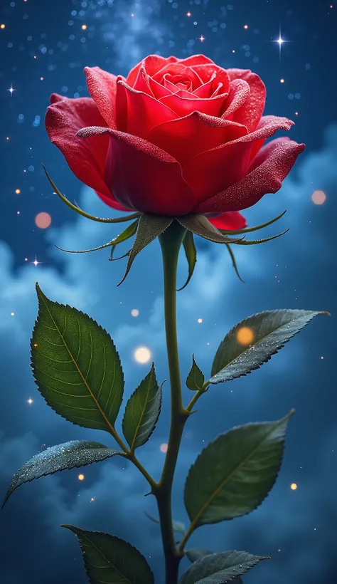 ((ONE BIG ROSE)), ((on a magical cloudless blue sky background with glowing stars)), ((the lush rose leaves are positioned high and close to the bud)), a stunning realistic perfectly bloomed red rose of royal varieties, standing upright and centered, (the ...