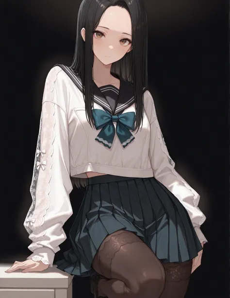 Shelley Gee, (masterpiece, top quality, High precision in selection: 1.2), , Alone, (masterpiece, best quality:1.2), baltolomeobari , Kiyomi , (1girl, solo), (long black hair, STRAIGHT HAIR, Forehead), brown eyes, (Serofu, lace fabricセーラー服)、bow tie、cowboy...