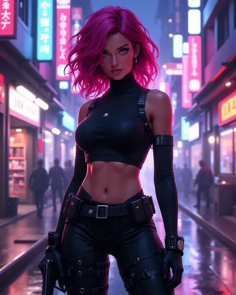 A beautiful female action game character with magenta-sh red hair, and big piercing violet colored eyes that look into your soul, she is wearing a black boob-tube bodysuit (open stomach), and gun holsters on her thighs, she is standing in an action pose on...