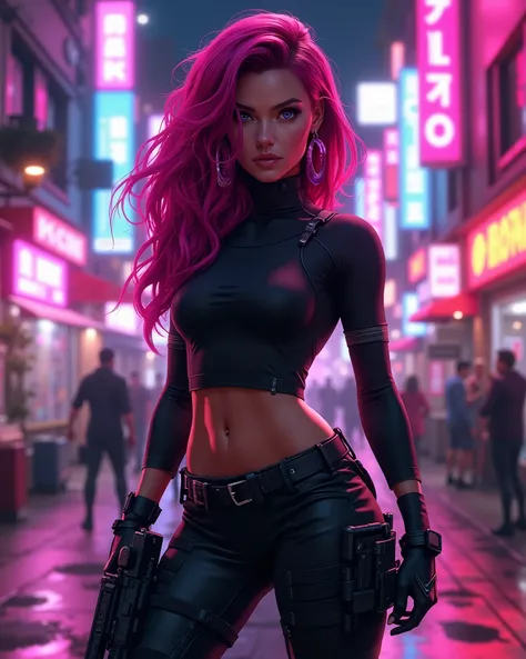 A beautiful female action game character with magenta-sh red hair, and big piercing violet colored eyes that look into your soul, she is wearing a black boob-tube bodysuit (open stomach), and gun holsters on her thighs, she is standing in an action pose on...