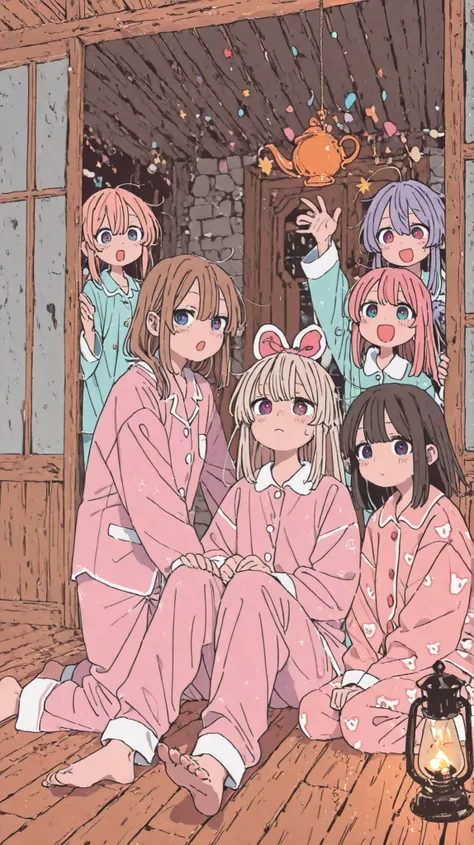 (((４People Party:1.7、pajamas party)))、dungeonに挑むIn pajamasの女性、In pajamas、奇妙なdungeon、dungeon、dungeon探索、I have an oil lamp
