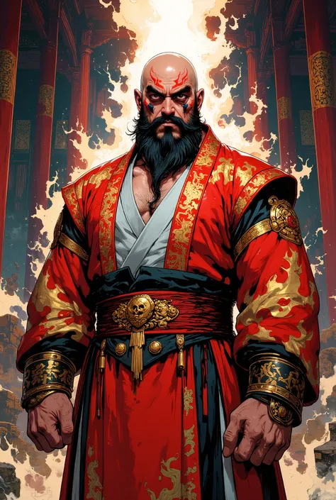 Masterpiece digital painting, hyper-detailed modern Chinese fantasy comic art style. A bald, middle-aged man with a full, thick beard, fierce, bold eyebrows, and intense, expressive, large round eyes. His face is adorned with intricate, glowing flame-shape...