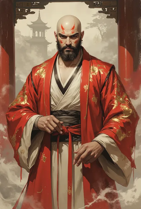 Masterpiece digital painting, hyper-detailed modern Chinese fantasy comic art style. A bald, middle-aged man with a full, thick beard, fierce, bold eyebrows, and intense, expressive, large round eyes. His face is adorned with intricate, glowing flame-shape...