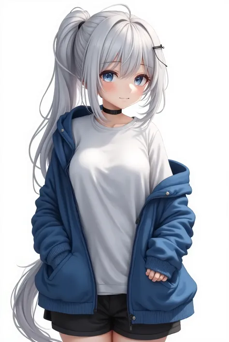 background white、One person、womanhood、Modest chest、white hair、Unkempt long ponytail tail、light blue eyes、white t-shirt、blue hoodie、black shorts with an open front of the hoodie、holding hands in hoodie、Lazy expression、super delicate