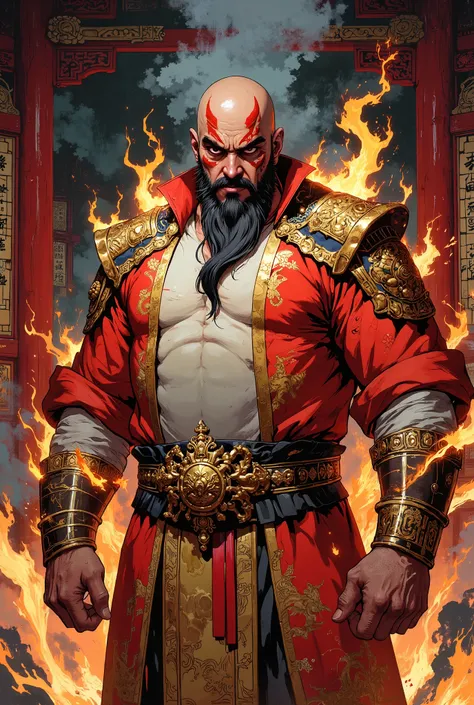 Masterpiece digital painting, hyper-detailed modern Chinese fantasy comic art style. A bald, middle-aged man with a full, thick beard, fierce, bold eyebrows, and intense, expressive, large round eyes. His face is adorned with intricate, glowing flame-shape...