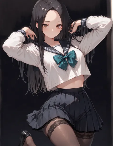 Shelley Gee, (masterpiece, top quality, High precision in selection: 1.2), , Alone, (masterpiece, best quality:1.2), baltolomeobari , Kiyomi , (1girl, solo), (long black hair, STRAIGHT HAIR, Forehead), brown eyes, (Serofu, lace fabricセーラー服)、bow tie、cowboy...