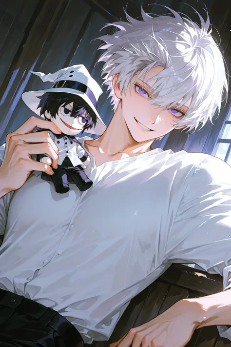 1 male, mature man，beautiful face, Half face ,  purple eyes, 5(black):5(white)  Garma Hair (Todoroki Shoto style), disheveled hair, sharp eyes, white pormal shirt with lavaliere, black pants, Pierrot hat hand doll, Smiling eyes, Dynamic Angle, upper body close-up, perfect hand shape, 25 year old male, A tavern full of alcohol and a lively atmosphere, gentle atmosphere