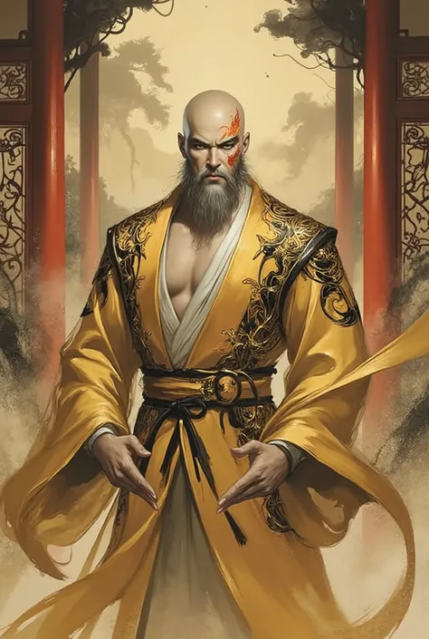 Masterpiece digital painting, hyper-detailed modern Chinese fantasy comic art style. A bald, middle-aged man with a full, thick beard, fierce, bold eyebrows, and intense, expressive, large round eyes. His face is adorned with intricate, glowing flame-shape...