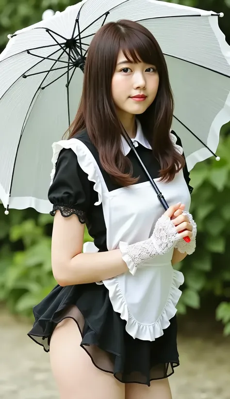 "A petite girl resembling Kasumi Arimura in a lolita-inspired maid bikini with lace gloves, thigh-high stockings, and a parasol, in a fairytale garden, soft dreamy lighting."

