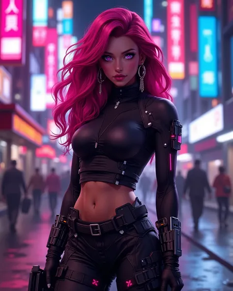 A beautiful female action game character with magenta-sh red hair, and big piercing violet colored eyes that look into your soul, she is wearing a black boob-tube bodysuit (open stomach), and gun holsters on her thighs, she is standing in an action pose on...