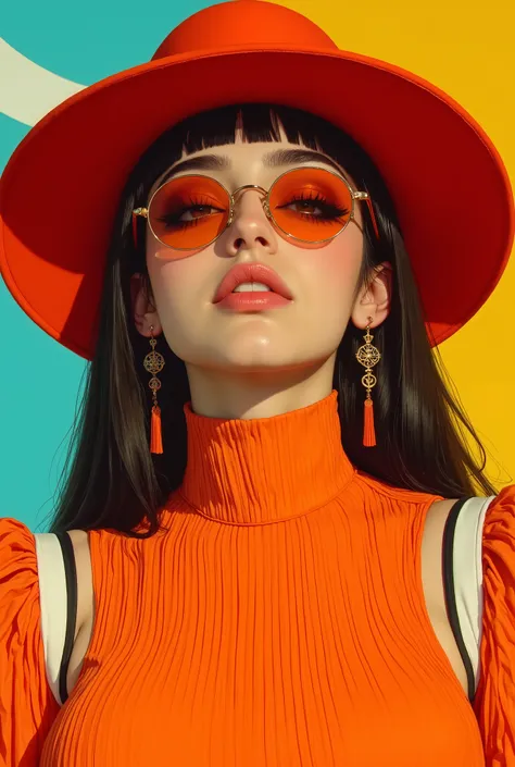 (photorealism:1.2), A portrait of a sexy young Persian woman, with smooth skin, and a slender neck, wearing a vibrant, pleated orange blouse with a high collar that wraps around her neck. She has full, slightly parted lips with a natural pink tint. His eye...