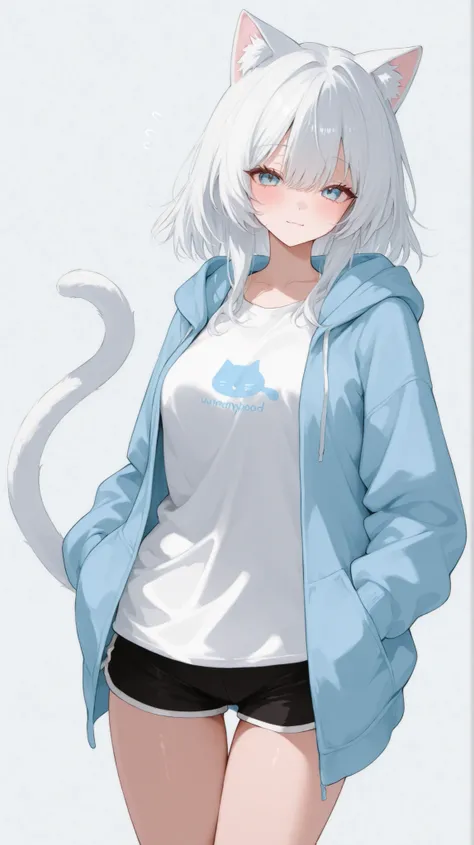 background white、One person、womanhood、Modest chest、white hair、Unkempt long bonnytail tail、light blue eyes、white t-shirt、blue hoodie、black shorts with open front of the hoodie、Lazy expression、No cat ears、No tail