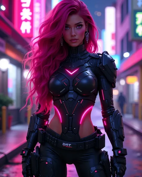 "Magnificent digital artwork, 'Sexy Future Soldier'. A commanding female action hero, radiating power and allure, stands central in a tight-framed shot on a neon-lit, futuristic city street at night. With vibrant magenta-red hair and captivating violet eye...