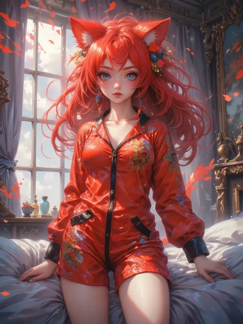  High-quality 4K animation-style digital painting ， depicts the fiery red cat girl Asuka Langley Soryu ，cat ears , bright blue eyes 。 She wears the iconic red jumpsuit with black trim， standing tall ， full of confidence , in bed, in short pajamas, Pajama p...