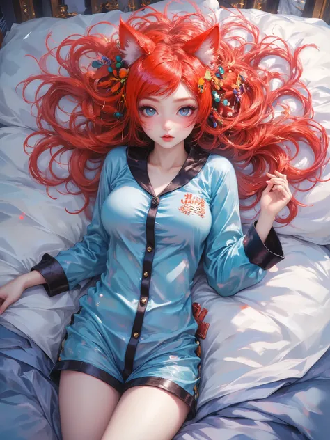  High-quality 4K animation-style digital painting ， depicts the fiery red cat girl Asuka Langley Soryu ，cat ears , bright blue eyes 。 She wears iconic blue pajamas with black trim， full of confidence , in bed, in short pajamas, Pajama party, lying down, si...