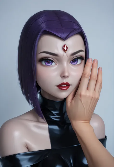 rachel roth, colored skin, grey skin, purple hair, medium hair, forehead jewel, purple eyes, small breast, huge hips, dark red lips.| {{{masterpiece}}}, (best quality:1.5), (ultra-detailed:1.5), {illustration}, {{an extremely delicate and beautiful}}, (bea...