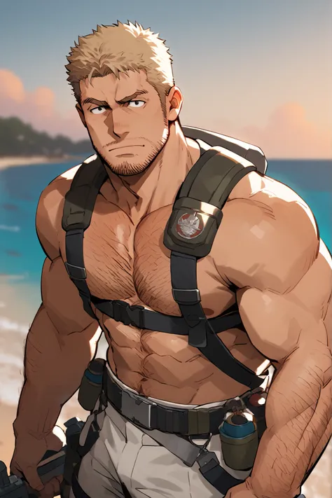 Masterpiece, top quality, stubble, leg hair, arm hair, blurred distant background, thick eyebrows, chest hair, 3D maneuver gear, deserted beach, dusk, black eyes, hairy body, Reiner Braun