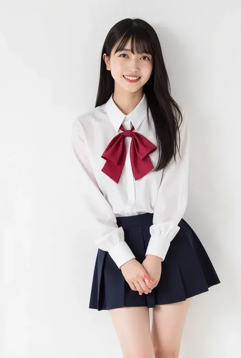 Create a realistic photograph of a beautiful Japanese female idol in a full-body portrait. She should have a slim figure, small bust, and slender legs, dressed in a Nogizaka-style idol uniform. The pose should be cheerful, showcasing her smiling. Use a sim...