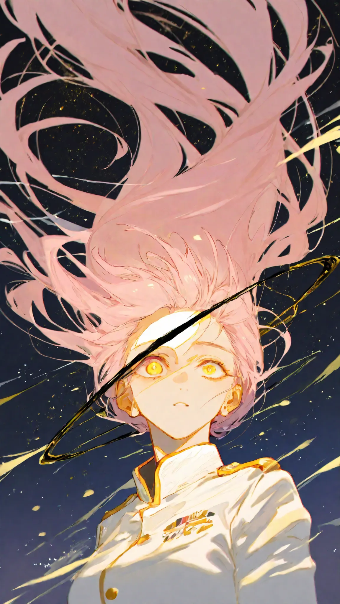 High Definition　one woman　cute　white military uniform　 girl upside down 　light pink hair　semi-long hair　black halo　One eye looks like the moon　golden eyes　the wind is blowing　Night Sky