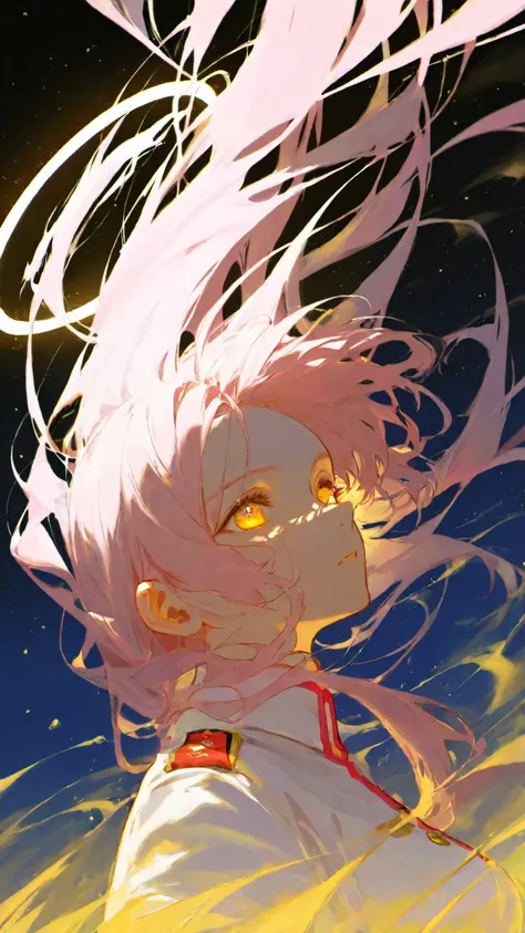 High Definition　one woman　cute　white military uniform　 girl upside down 　light pink hair　semi-long hair　black halo　One eye looks like the moon　golden eyes　the wind is blowing　Night Sky