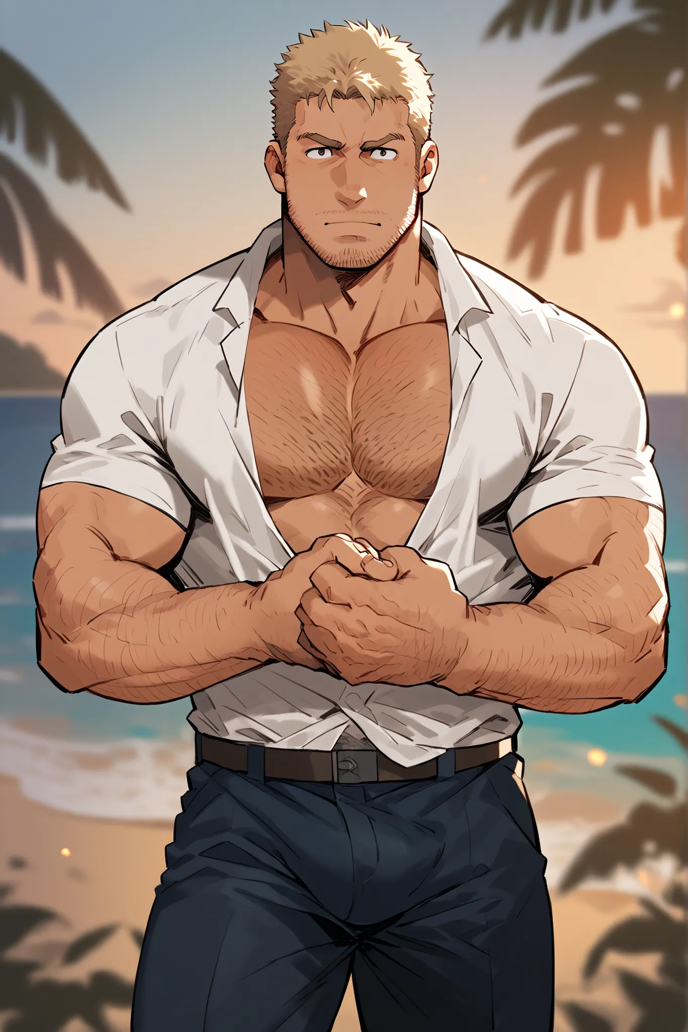 Masterpiece, top quality, stubble, leg hair, arm hair, blurred distant background, thick eyebrows, chest hair, deserted beach, dusk, dark eyes, hairy body, Reiner Braun, bare chest, holding removed white shirt in hand, bulge