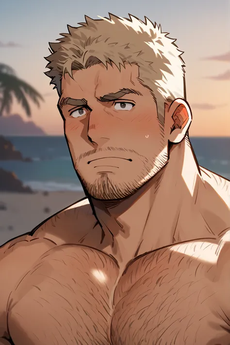 Masterpiece, top quality, stubble, leg hair, arm hair, blurred distant background, thick eyebrows, chest hair, deserted beach, dusk, dark eyes, hairy body, Reiner Braun, nude, blushing, penis