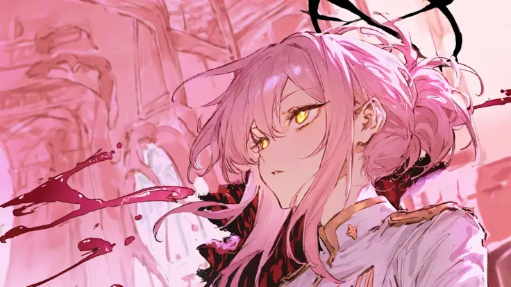 High Definition　one woman　cute　Petite　Dirk　Falling down in the back alley　Blood is flowing from the abdomen　white military uniform　light pink hair　hair up to shoulder　black halo　golden eyes　