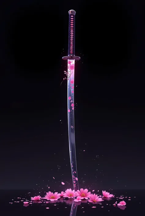 Uma katana deitada. Bottom of the katana: cor rosa, Striking flower drawing on the katana. Anime style. Fundo preto.