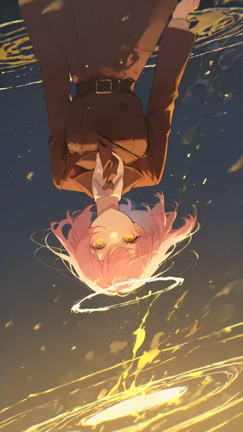 High Definition　one woman　cute　dark brown detective suit　girl falling upside down　light pink hair　bob hair　black halo　One eye looks like the moon　golden eyes　the wind is blowing　Night Sky