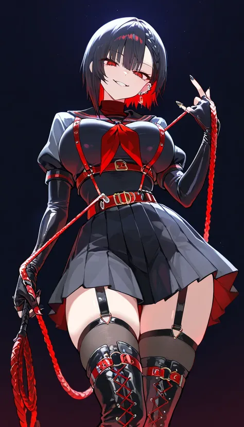 (beautiful girl : 1.3),1 girl,(Black Sailor Suit,Turtleneck, arm roll up,pleated skirt,earrings,belt,finger piercing gloves ,ガーターbelt,stockings,Braided Boots,Harness),dark haired,short asymmetrical cut,Smile Yan,reckless attitude,evil expression,provocative attitude,waves a whip, simple color background ,dynamic angle,masterpiece,top quality,Rich Contrasts,High Definition,8k,High Definition CG Unit Wallpaper,Textures,unbelievably absurd,RAW pictures,Deep Border 1 .2,very detailed