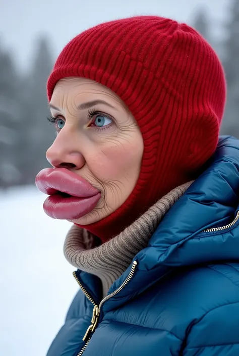 Side view of a 60 year old English posh woman with old skin on a ski piste, Wearing a red ribbed thick wool balaclava, Wearing a thick Moncler shiny blue shiny puffer jacket with a ribbed wool slouchy taupe turtleneck sweater underneath, botox face, face l...