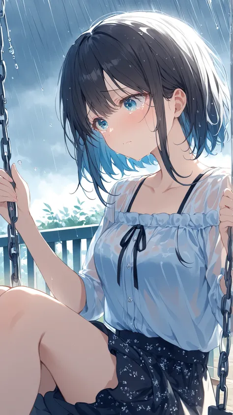 beautiful american teenage highschool girl, hazelnut-black elegant modern hairstyle, wearing elegant chick comfortable casual typical clothes for an american highschool girl, the background is her sitting on the swing and crying softly, her tears running d...