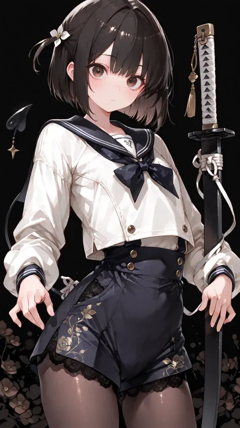 Shelley Gee, (masterpiece, top quality, High precision in selection: 1.2), , Alone, dark brown eyes, 、lace fabric、black hair、pantyhose 、Slightly Short Bob、 135 cm 、elementary school student、cute face、Like々Funny Face、 Upward corner 、hair accessories、 ...
