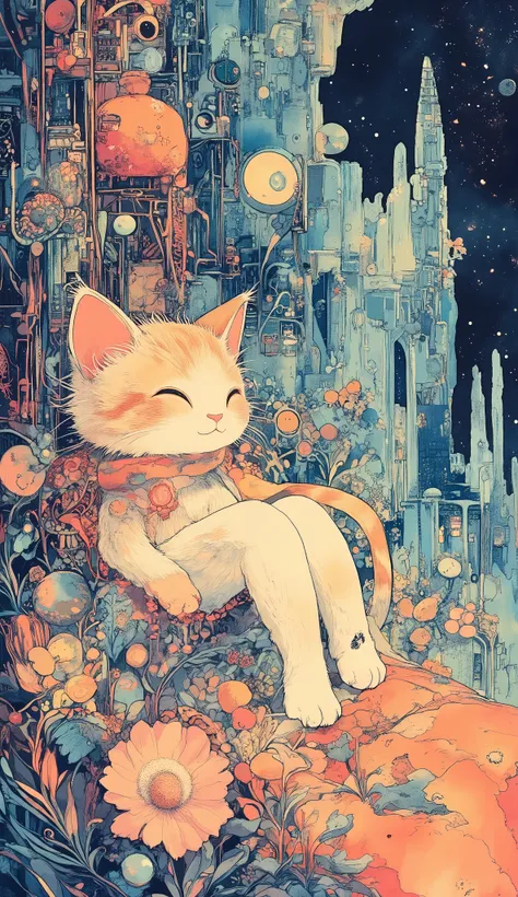 
Dark Miyazaki anime fairy tale, pattern 1、A cat wearing a、easy-going cartoon-style cat、intricate art on large cloth、Juanelle_ manga 