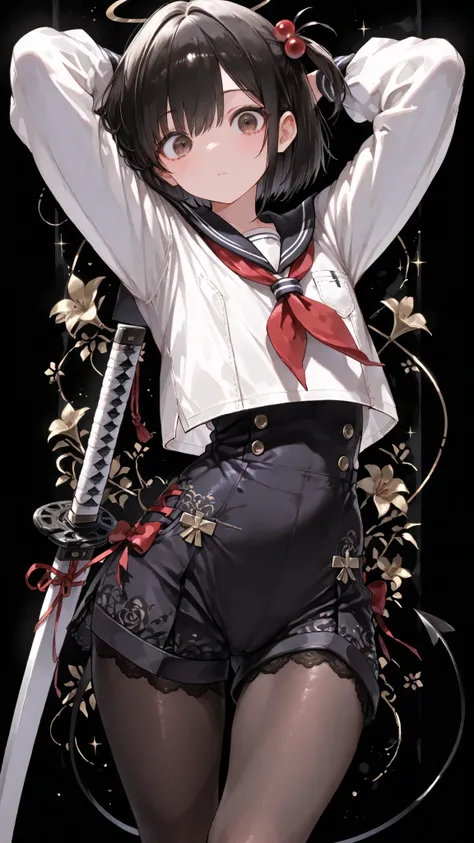 Shelley Gee, (masterpiece, top quality, High precision in selection: 1.2), , Alone, dark brown eyes, 、lace fabric、black hair、pantyhose 、Slightly Short Bob、 135 cm 、elementary school student、cute face、Like々Funny Face、 Upward corner 、hair accessories、 ...