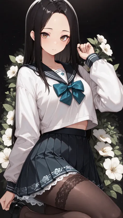 Shelley Gee, (masterpiece, top quality, High precision in selection: 1.2), , Alone, (masterpiece, best quality:1.2), baltolomeobari , Kiyomi , (1girl, solo), (long black hair, STRAIGHT HAIR, Forehead), brown eyes, (Serofu, lace fabricセーラー服)、bow tie、cowboy...